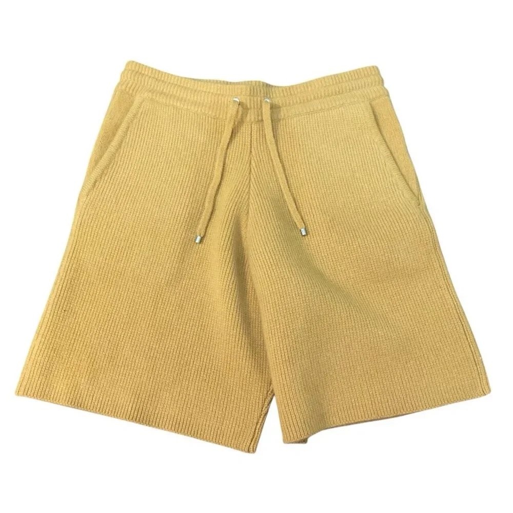 Frame Wide-Leg Ribbed Cashmere Drawstring Shorts Yellow mustard summer knitted